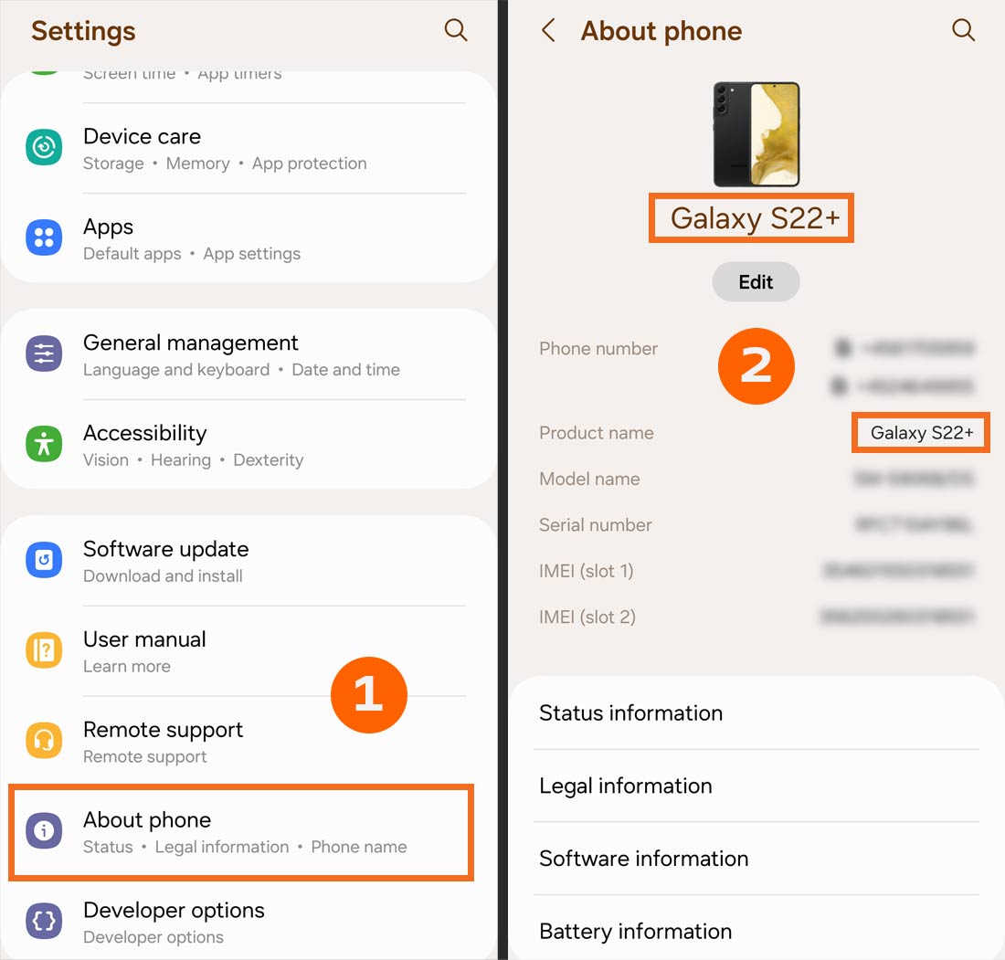 Screenshot af Samsung model guide