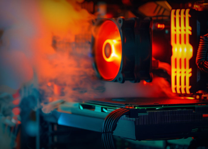 Varm computer med røg ud af siden