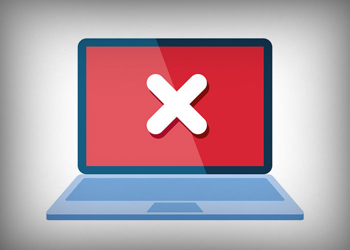 Illustration af bærbar med en rød baggrund og et stort hvidt kryds på skærmen